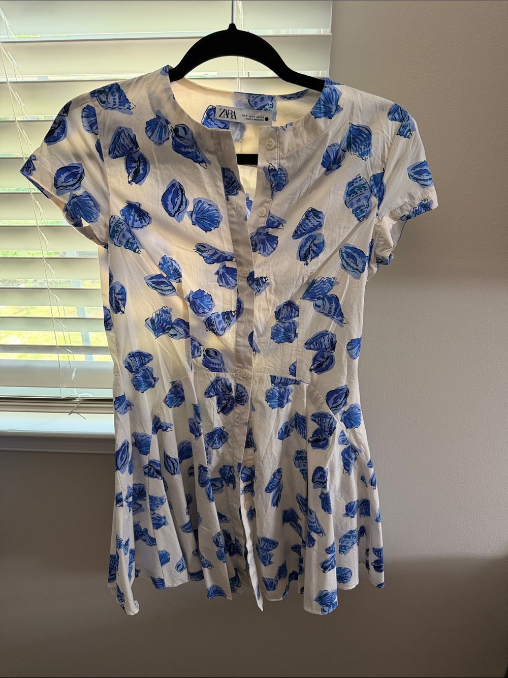 Zara White Button-Front dress with Blue Floral Print